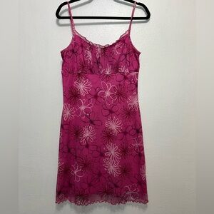 Vintage 90s Y2K Milkmaid Mini Sun Dress Large Pink Floral Babydoll Mesh Coquette